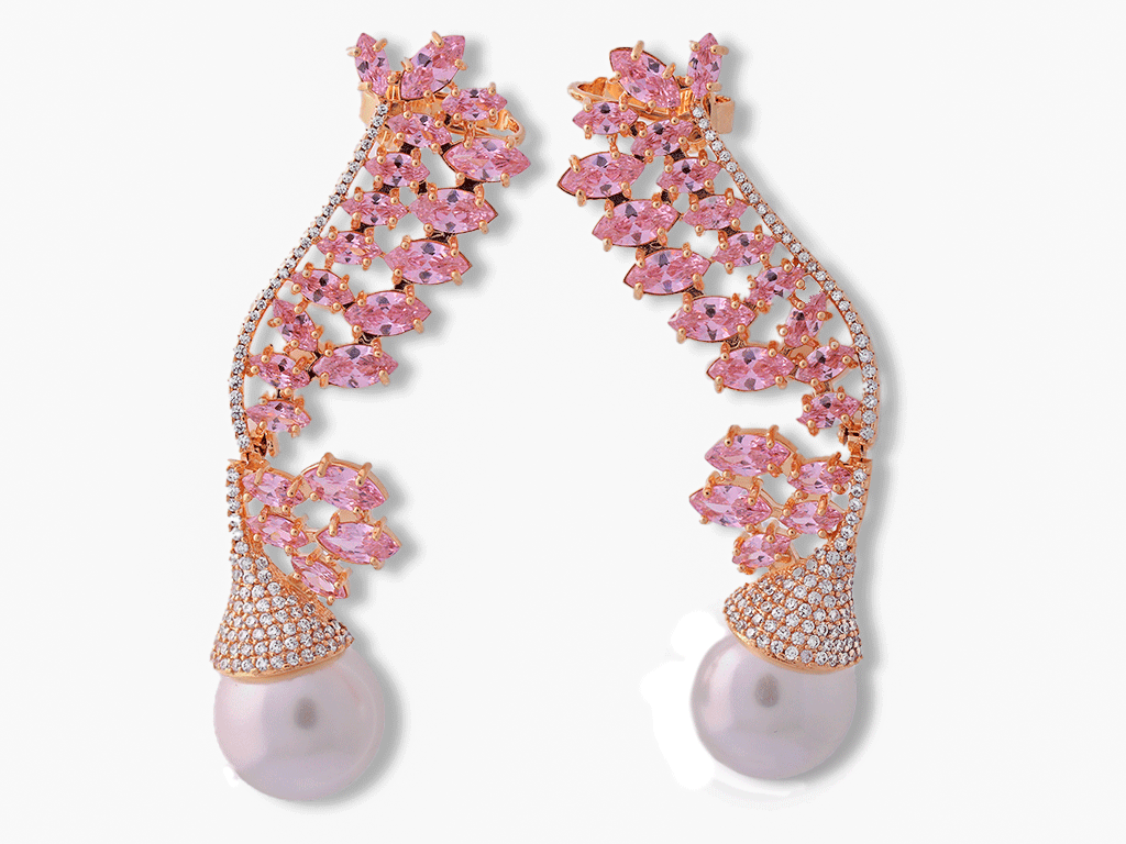 Brinco Dourado Luxo Ear Cuff Rosa Com Pérola Shell