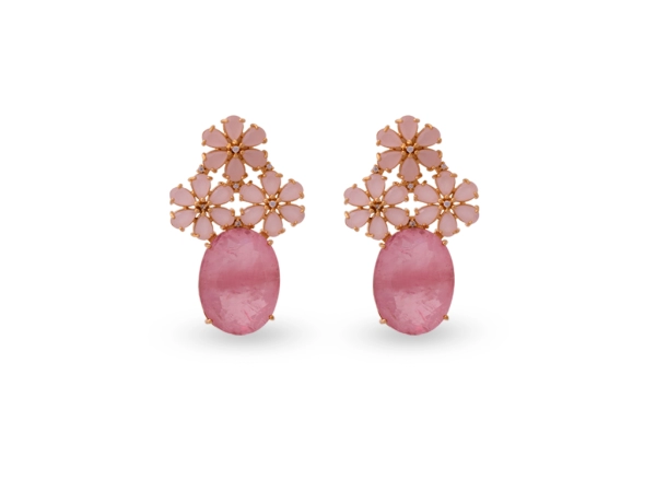 Brinco Dourado Luxo Margaridas Fusion Rosa Oval